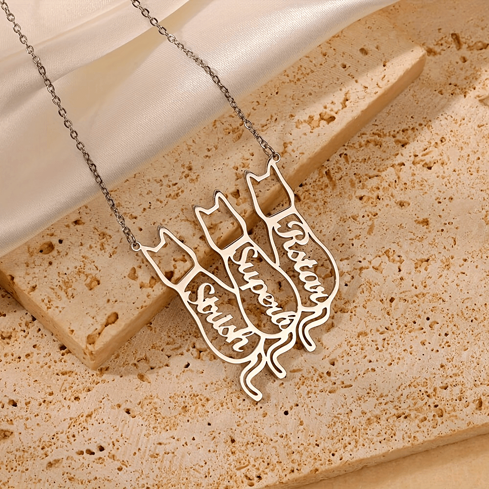 Custom Hollow Cat Silhouette Stainless Steel Necklace With English Names